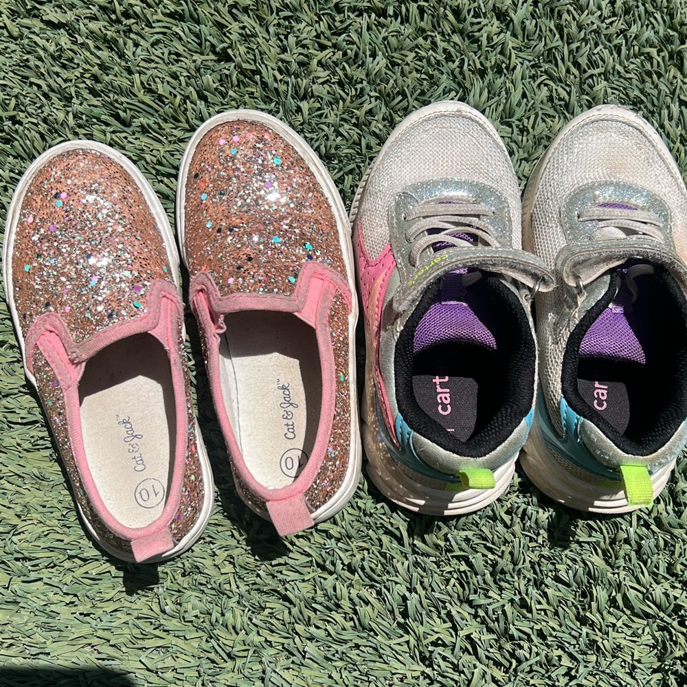 2x pairs girls size 10 cat & Jack Pink Glitter Slip-On and carters tennis Shoes